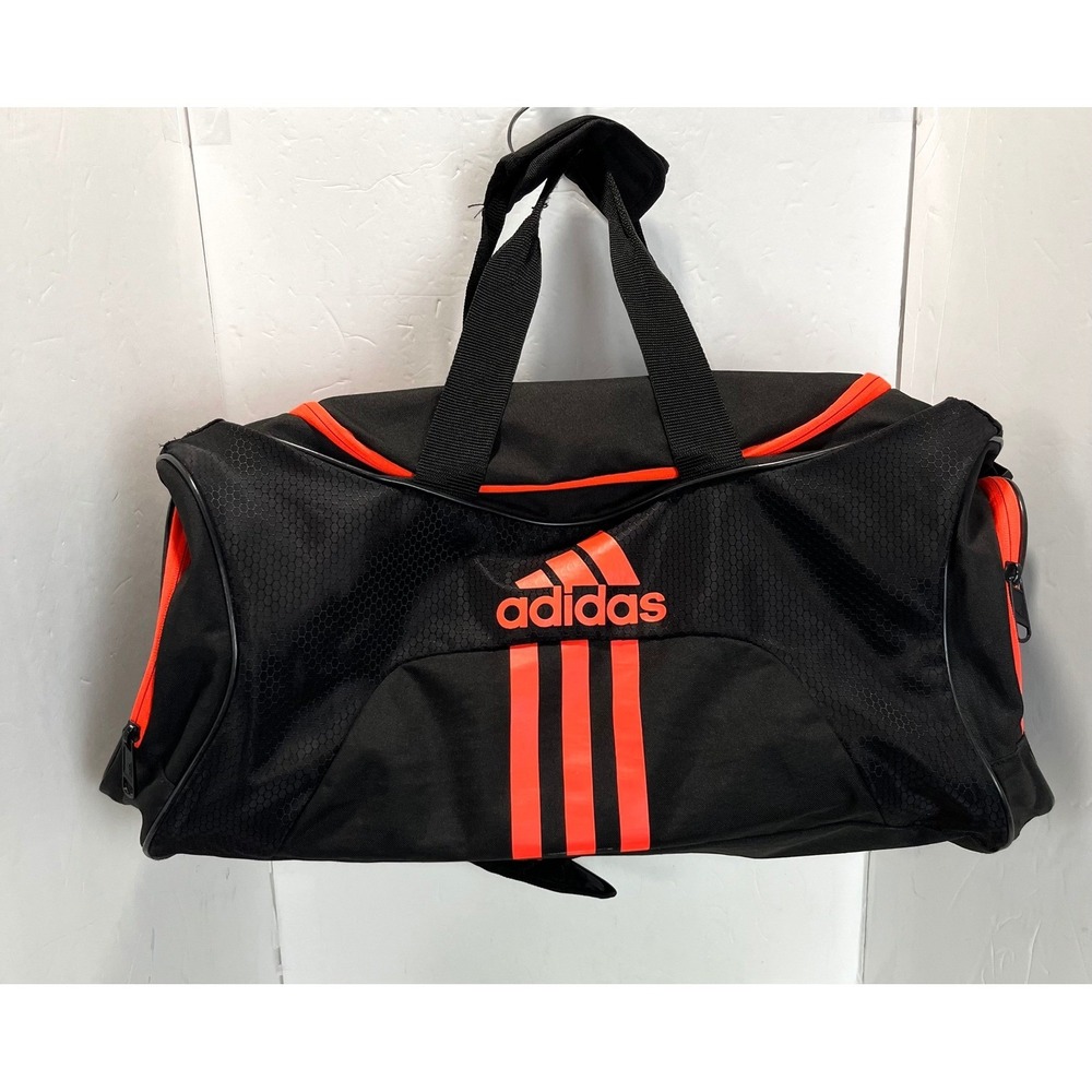 Adidas Duffel Gym Bag Black Orange Three Stripe Honeycomb Texture Size S/M GOOD
